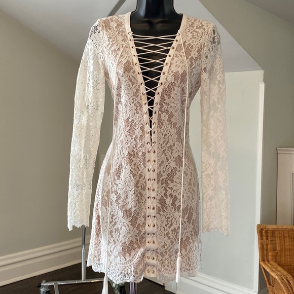 jetset diaries lace dress The Jetset Diaries Dress Verona Lace Overlay Blue Silk Cotton Peep Back XS (B)